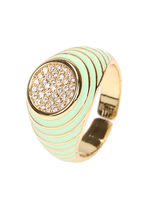 Fashion Light Green Copper Inlaid Zirconium Oil Drop Color Wide Brim Ring