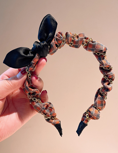 Fashion Orange Satin Bow Checkered Chain Winding Headband
