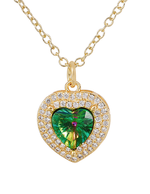 Fashion Green Copper Inlaid Zirconium Heart Necklace