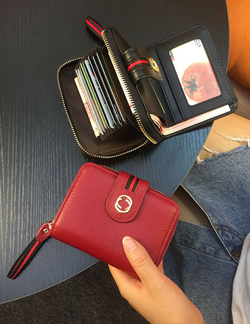 Fashion Red Wine Multi-card Wallet With Leather Buckle