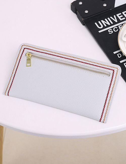 Fashion Light Blue Long Zipper Wallet With Leather Edges And Embroidery Thread