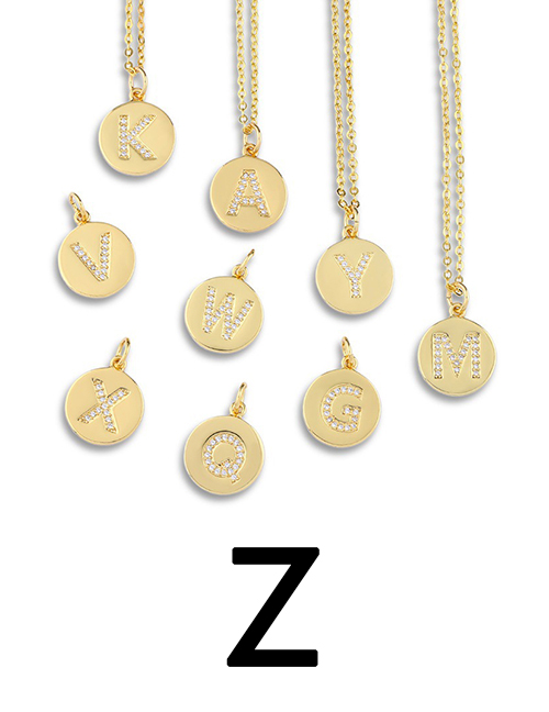 Fashion Z (golden) Copper Inlaid Zirconium Round 26 Letter Medal Necklace