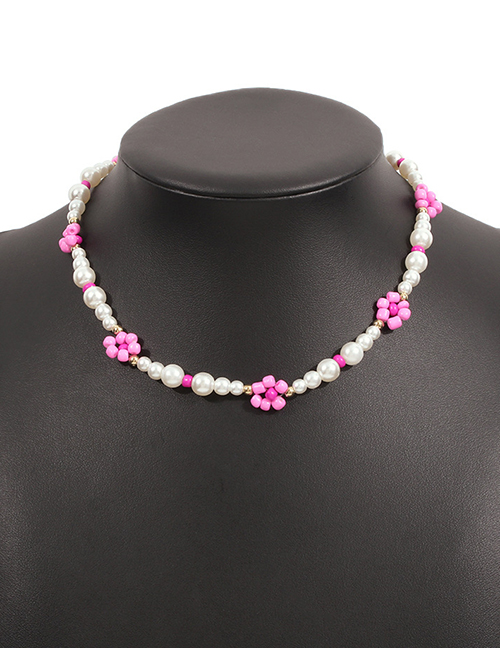 Fashion Pink Colorful Rice Beads Pearl Beaded Flower Necklace