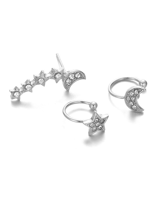 Fashion Silver Color Alloy Full Diamond Star And Moon Earrings Set