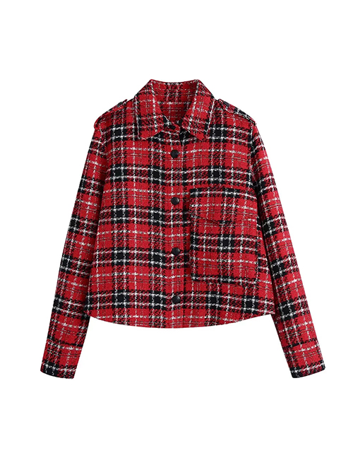 Fashion Red Check Lapel Button-down Shirt Jacket