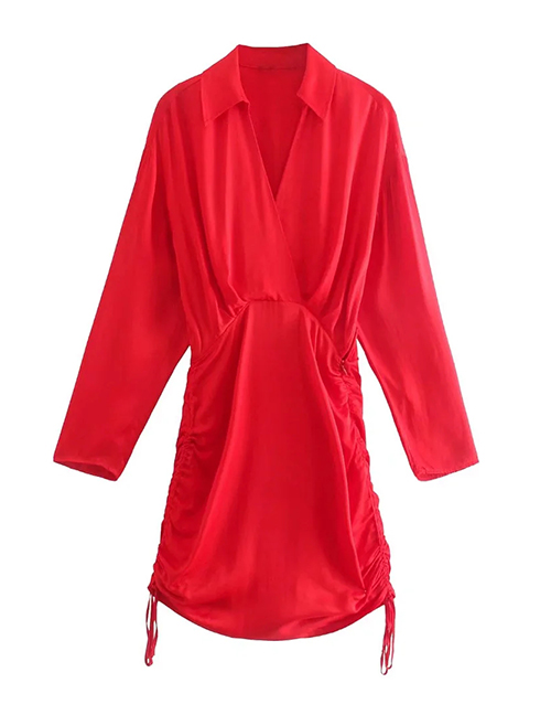 Fashion Red Pleated Silk Satin Dress