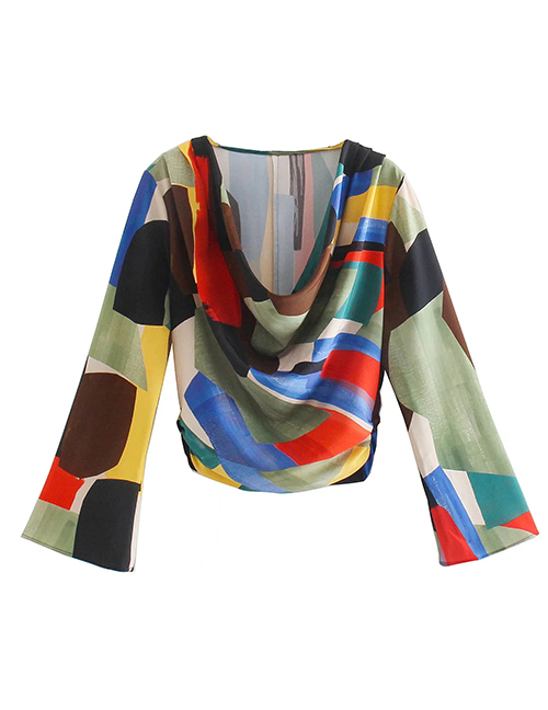 Fashion Color Printed Top With Draped Collar