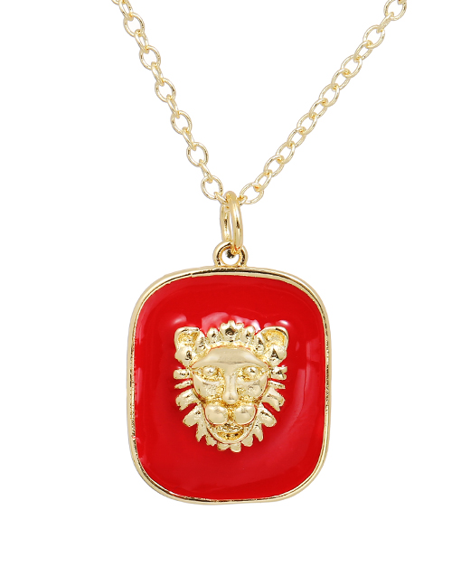Fashion Red Copper Drop Oil Square Lion Necklace