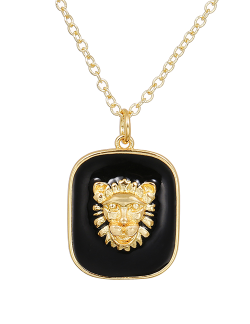 Fashion Black Copper Drop Oil Square Lion Necklace