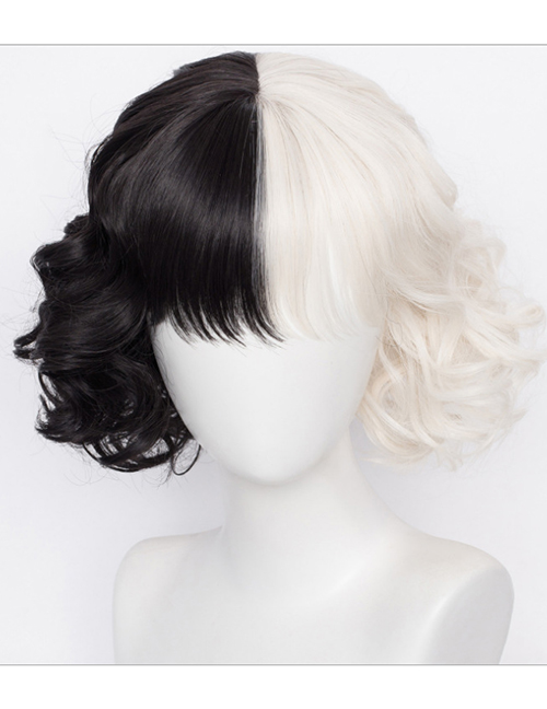 Fashion C-642 Black And White Black And White Stitching Short Curly Hair Wig
