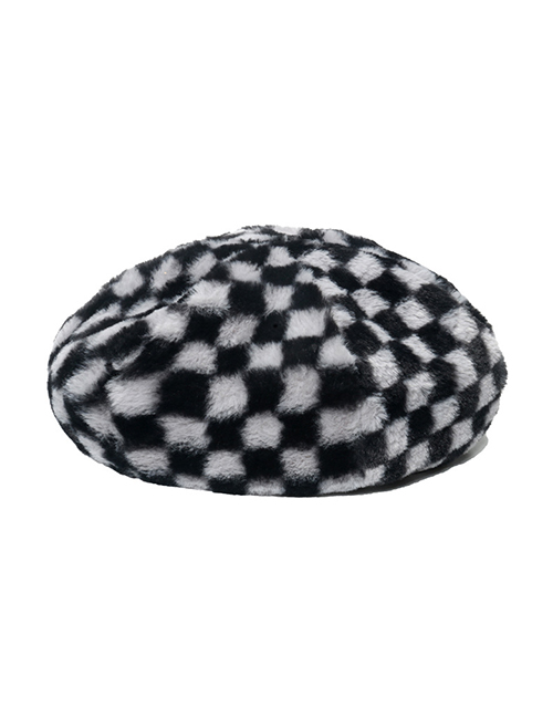 Fashion Grey Checkerboard Plush Beret