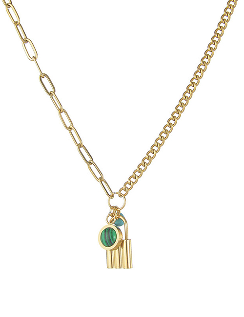 Fashion Gold Color Titanium Steel Gold Lock Round Emerald Necklace