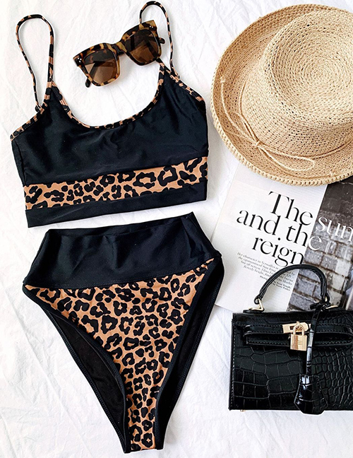 Fashion Black Color-blocked High-waisted Split Swimsuit With Broken Dots