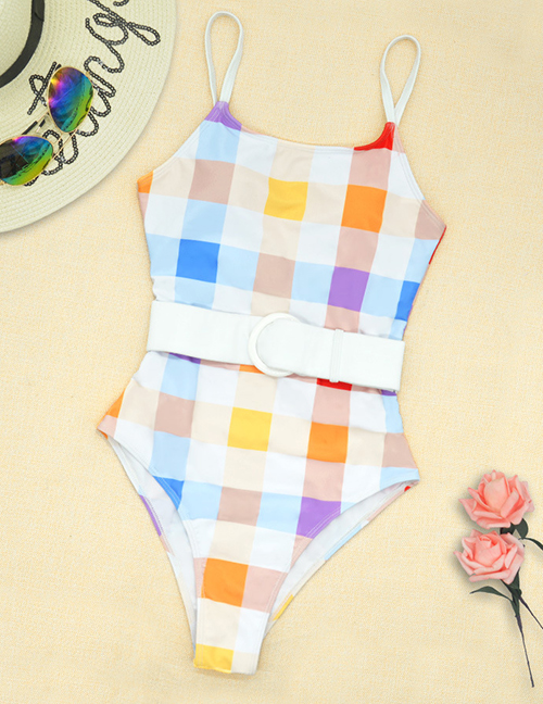 Fashion Color Color Check Strap One-piece Swimsuit