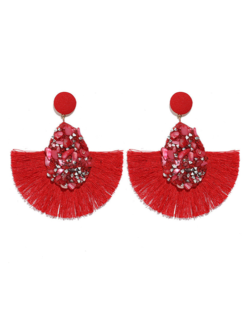 Fashion Red Alloy Drop Diamond Tassel Earrings