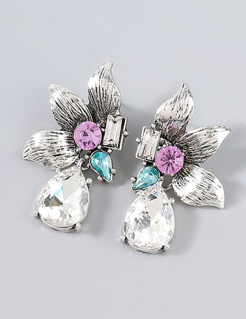 Fashion Silver Color Alloy Flower Geometric Glass Stud Earrings