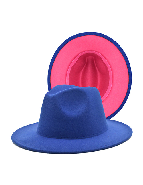 Fashion Royal Blue + Rose Red Double-sided Colorblock Woolen Wide Brim Jazz Hat
