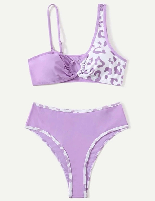Fashion Purple Cow Pattern Stitching Ring Split Swimsuit
