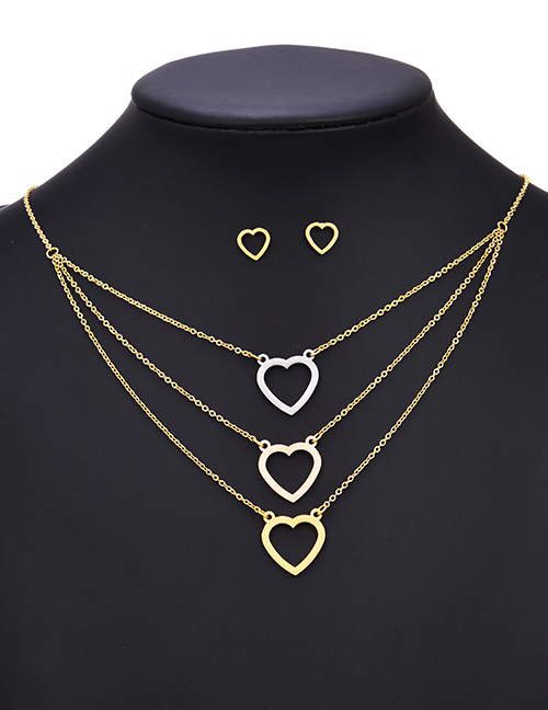 Fashion Color Stainless Steel Hollow Heart Earrings Necklace Set