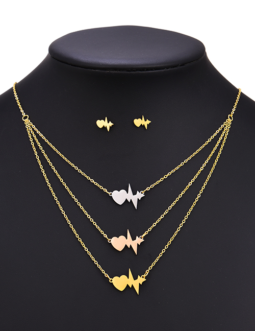 Fashion Color Stainless Steel Love Heart Electrocardiogram Earrings Necklace Set