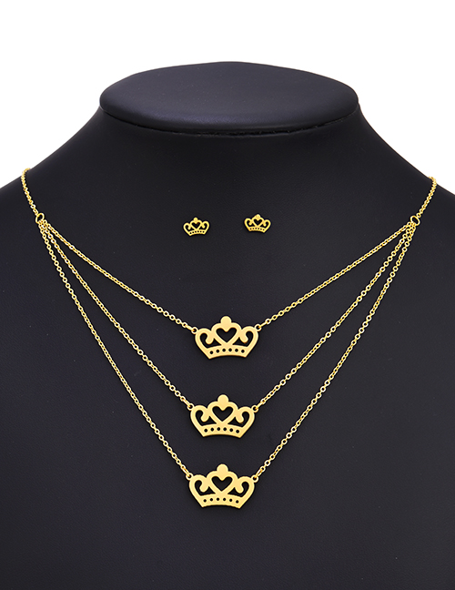 Fashion Gold Stainless Steel Hollow Crown Stud Earrings Necklace Set
