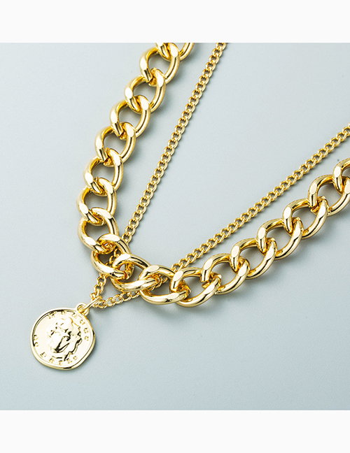 Fashion Gold Metal Portrait Medal Double-layer Necklace