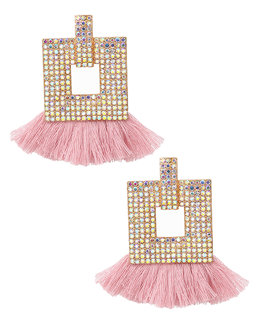 Fashion Leather Pink Alloy Diamond Square Tassel Stud Earrings
