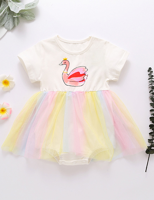 Fashion Romper Swan Print Flying Sleeves Rainbow Gauze Dress Romper