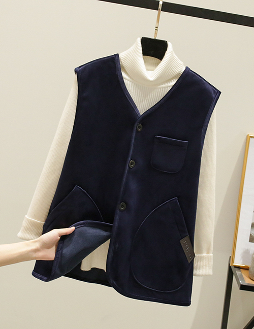 Fashion Navy Round Neck Corduroy Multi-pocket Single-breasted Vest