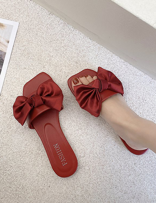 Fashion Red Wine Square Toe Flat Open Toe Bow Slippers