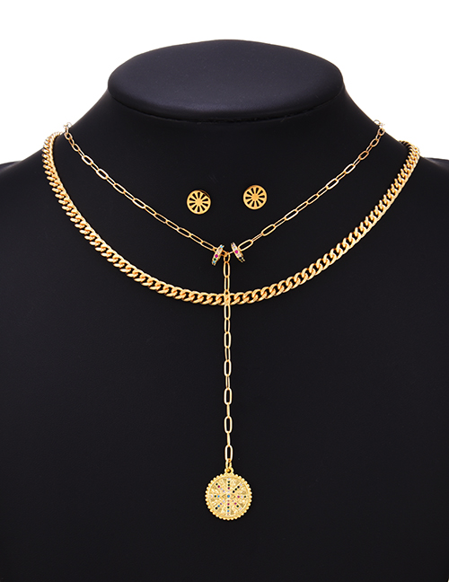 Fashion Gold Titanium Steel Inlaid Zirconium Double Round Necklace And Earrings Set