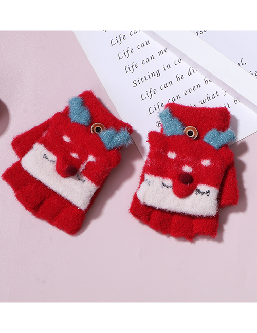 Fashion Red Christmas Jacquard Mink Fleece Knitted Flip Half Finger Gloves