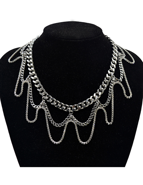 Fashion Silver Alloy Diamond Multilayer Tassel Necklace