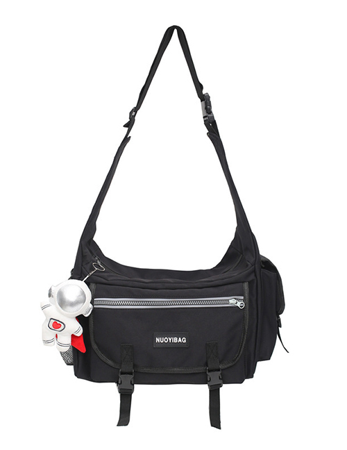 Fashion Pure Black + Astronaut Pendant Large-capacity Functional Tooling Messenger Bag