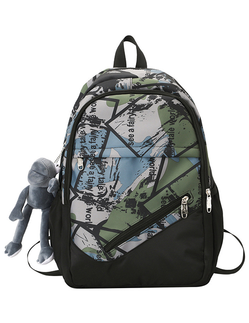 Fashion Green + Gray Frog Nylon Print Large Capacity Backpack