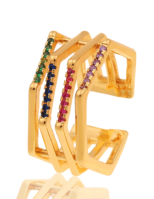 Fashion Color Copper Inlaid Colorful Zirconium Geometric Multilayer Ring