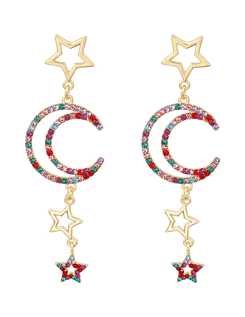 Fashion Color Alloy Diamond Hollow Five-pointed Star Moon Earrings