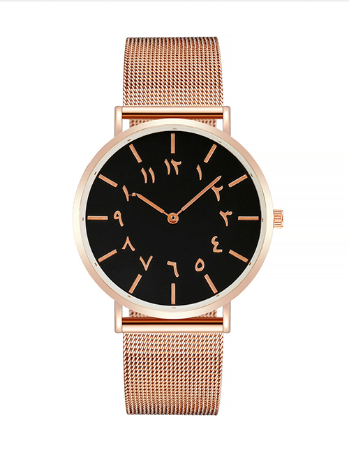 Fashion Rose Gold Black Surface Mars Text Band Watch