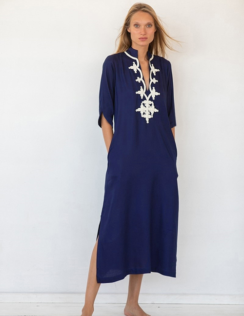 Fashion Dark Blue Rayon Embroidered Blouse Dress