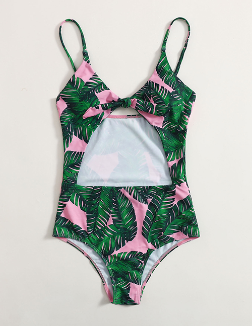 Fashion 2# One-piece Swimsuit With Leaf Print Tie On Chest