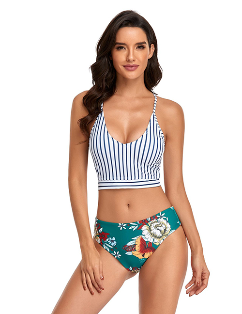 Fashion Green Striped Print Lace-up Swimsuit