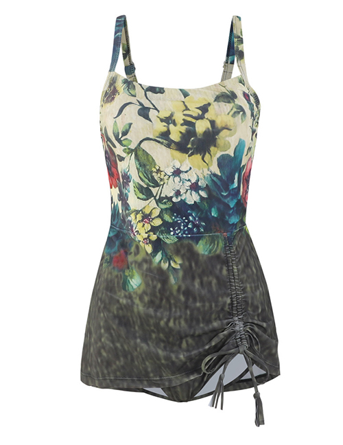 Fashion 2# Printed Pleated Split Skirt Swimsuit