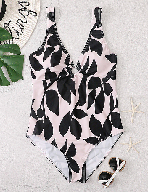 Fashion Pink Leaf Print One-piece Swimsuit