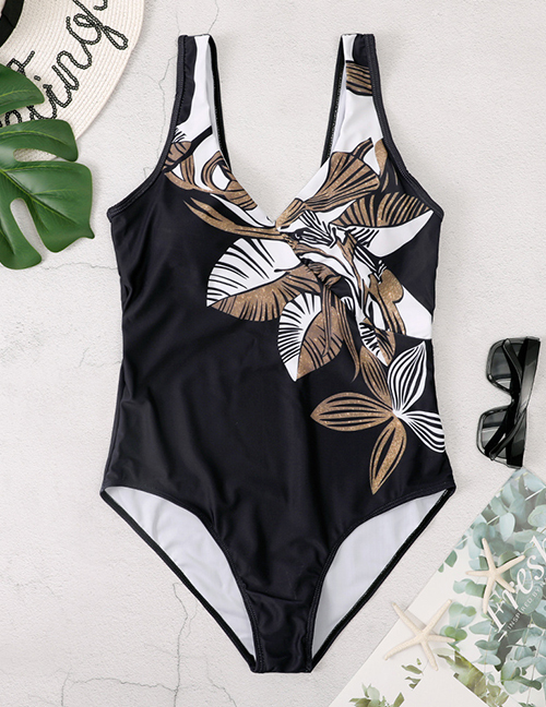 Fashion Black Printed Chest Cross One-piece Swimsuit