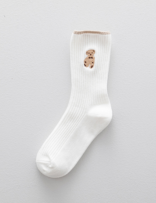 Fashion White Cartoon Bear Embroidered Tube Socks