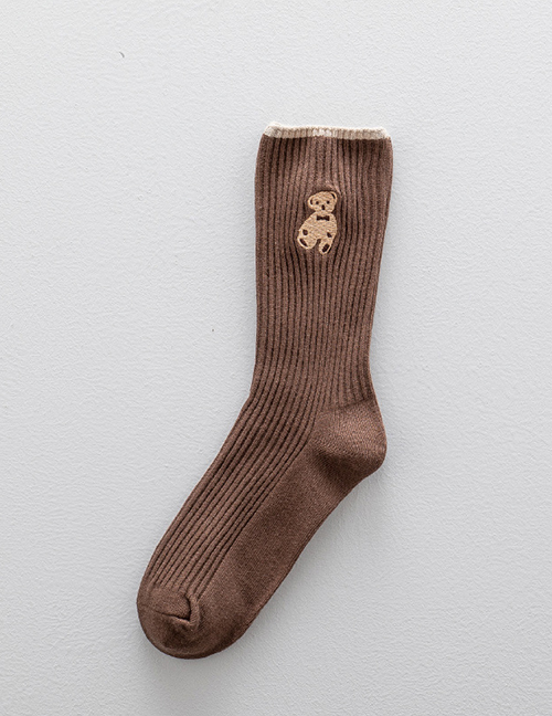 Fashion Deep Coffee Cartoon Bear Embroidered Tube Socks