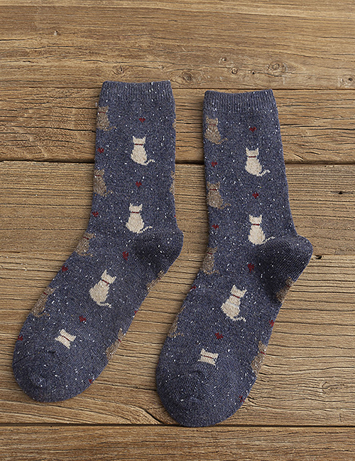 Fashion Navy Wool Cat Print Tube Socks