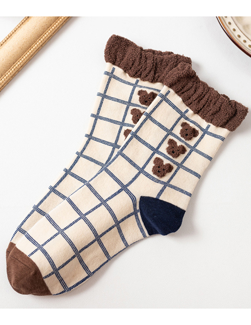 Fashion Plaid Lace Bear Bear Print Cotton Socks