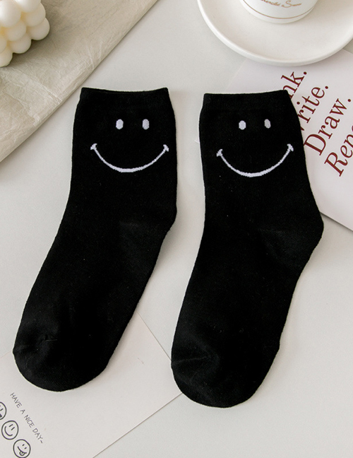 Fashion Black Smiley Embroidered Cotton Tube Socks