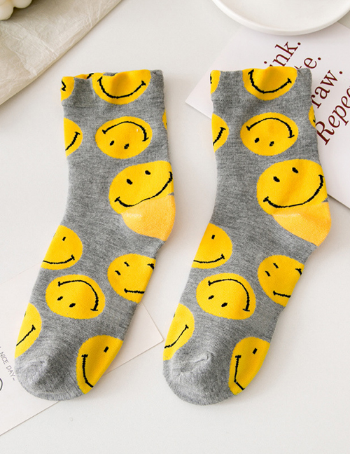 Fashion Grey Smiley Embroidered Cotton Tube Socks
